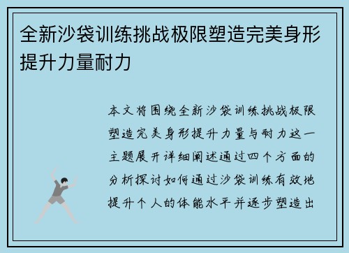全新沙袋训练挑战极限塑造完美身形提升力量耐力
